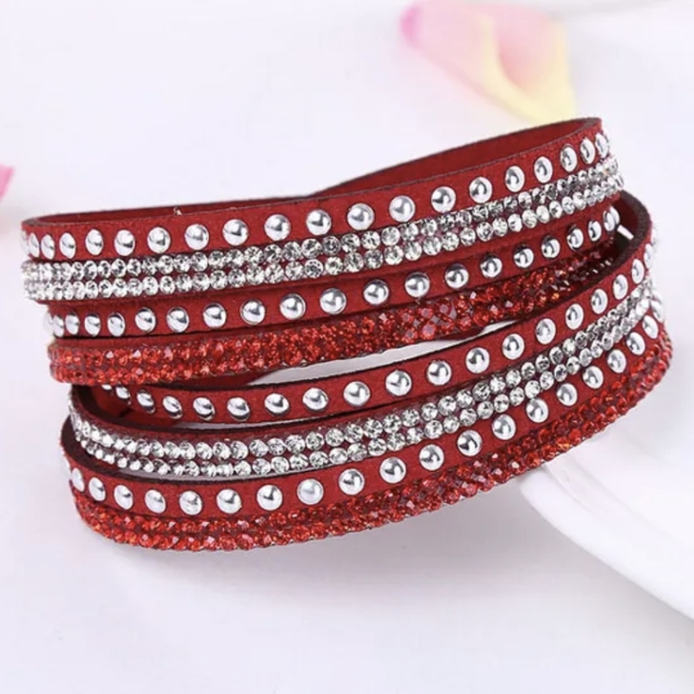 B16 Red Double Wrap Rhinestone Bracelet Silver Blingy New Studded Sparkle